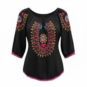 Cute Options Embroidered Floral Boho Tunic Top Women's L Black Festival Colorful